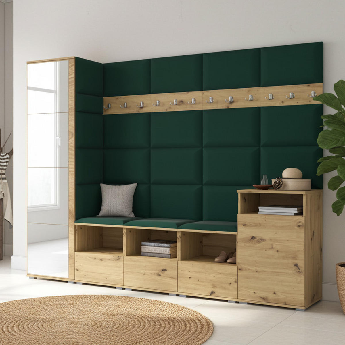 GARDEROBE NELA XI 250 cm (Modulare Flurmöbel Artisan Eiche mit Spiegel & Sitzpolster Flaschengrün 28 Großes Set) - Dunkelgrün/Silberfarben, Holz/Holzwerkstoff (250/187/40cm) - Ravio