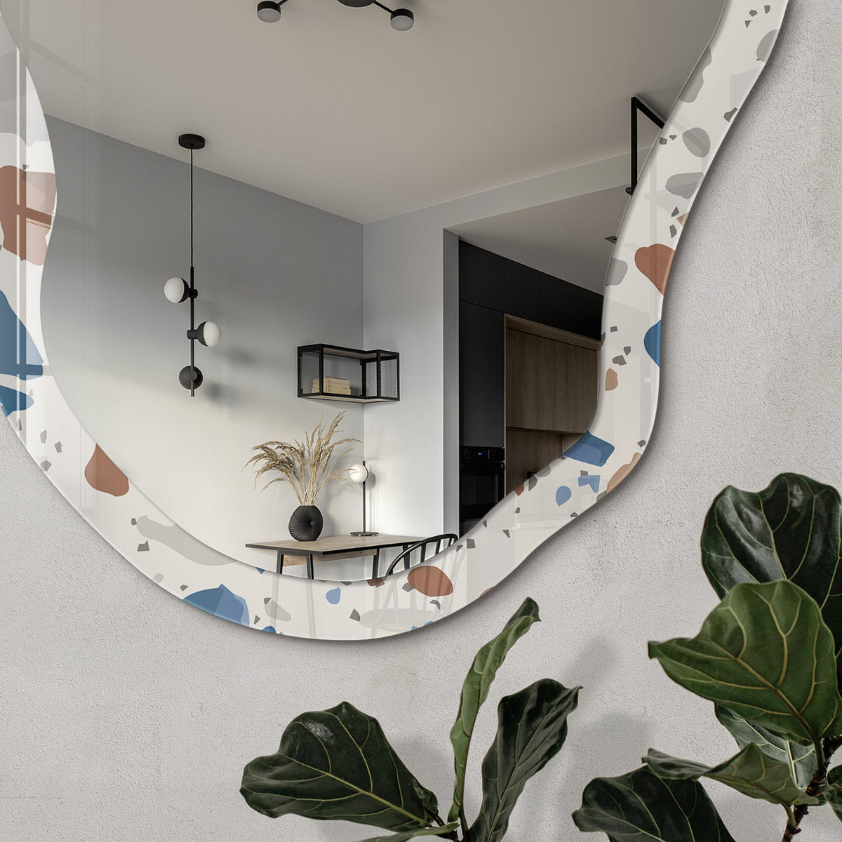 SPIEGEL 90x45 cm asymmetrisch mit Druck - Steinmosaik - Transparent, Glas (45/90/0.4cm) - TULUP