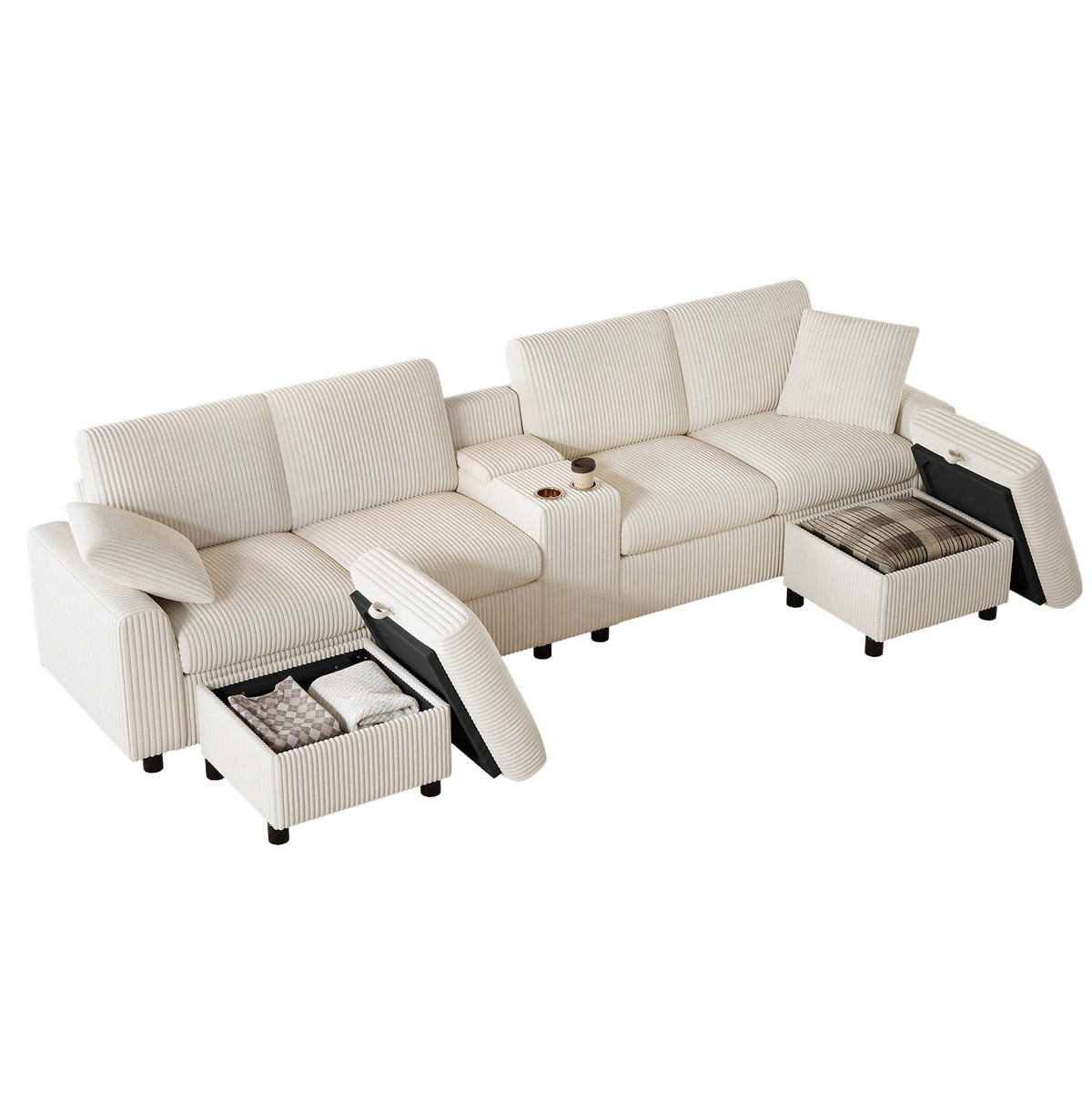 2-SITZER aus Corduroy 315x135x81 cm Beige mit Hockern, Stauraum, Tisch und Ladefunktion - Beige, Textil (135/81/315cm) - Modfu