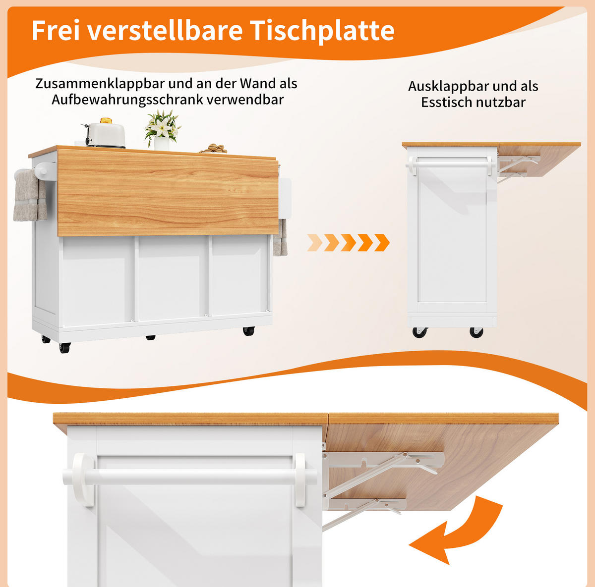 KÜCHENINSEL 140/40/93,5 cm aus MDF mit klappbarer Arbeitsplatte Weiß - Weiß, Holzwerkstoff (140/93.5/70cm) - Modenvie