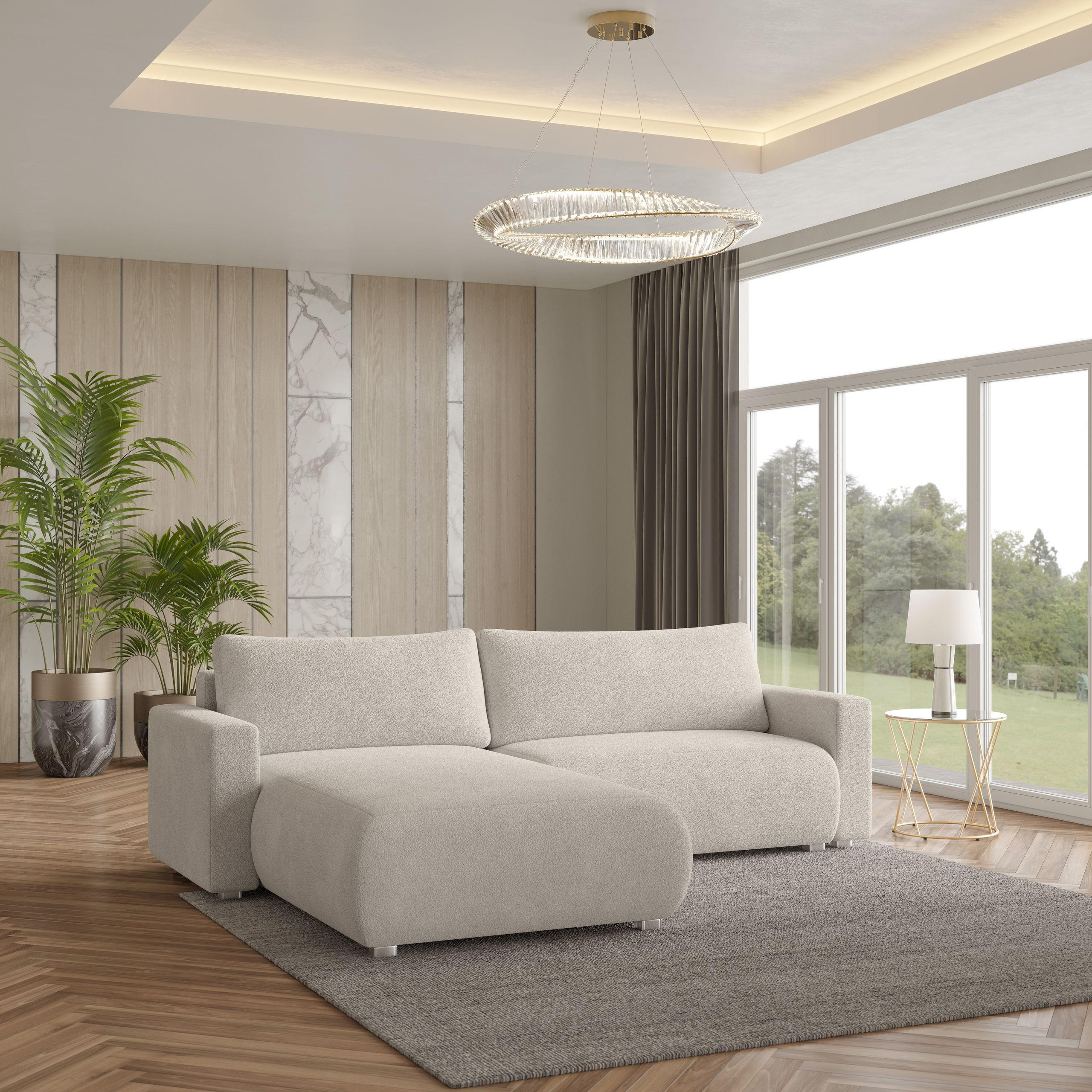 ECKSOFA TURIN N Creme Bucle-Stoff mit Schlaffunktion - Creme, Holz (265/183cm) - MASSENO