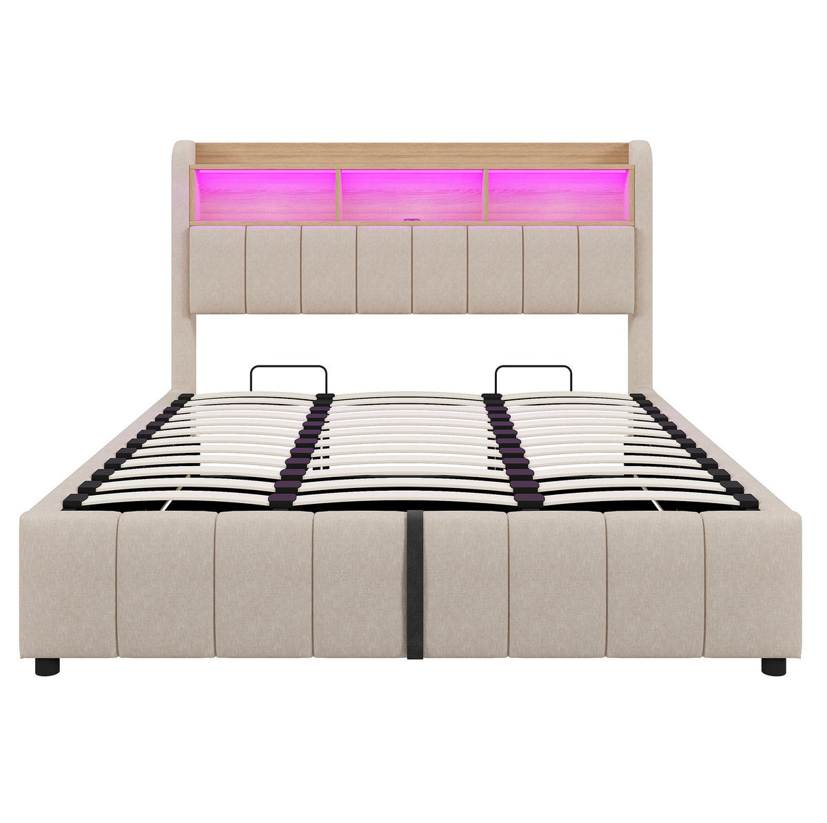 POLSTERBETT 180/200 cm mit LED-Beleuchtung, USB-C, Stauraum und hydraulischem Bettkasten, Beige - Beige, Textil (180/200cm) - Redom