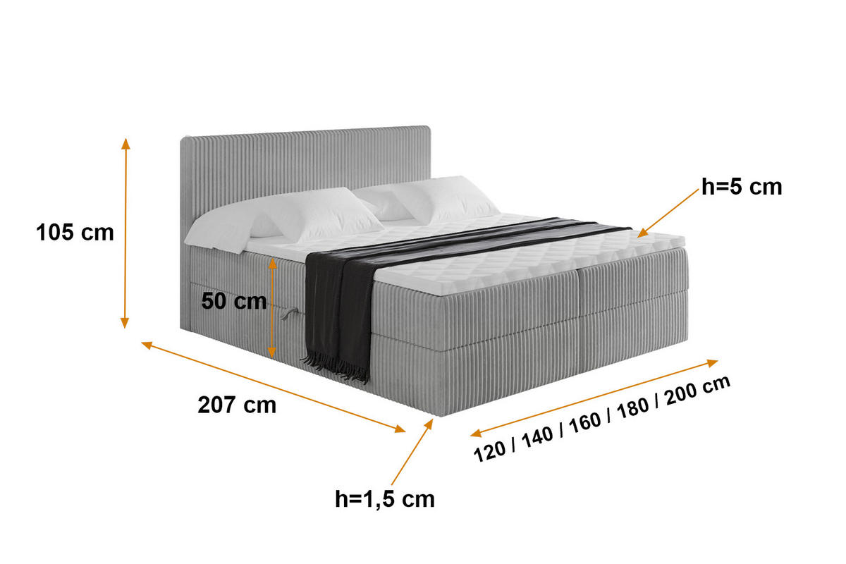 BOXBETT mit Matratze H4 und Lattenrost - TOLO - 140x200 Cord - Hellgrau - Hellgrau, Holzwerkstoff/Kunststoff (140/200cm) - ALTDECOR
