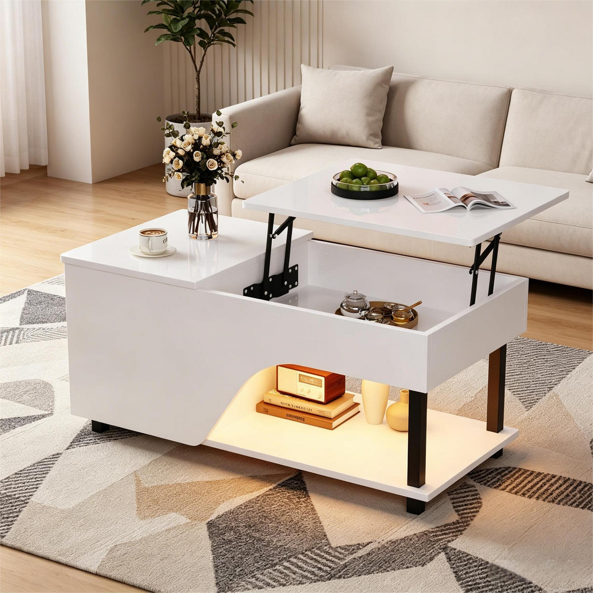 COUCHTISCH höhenverstellbar, Stauraum & Metallgestell, 50/100/46 cm, Spanplatte - Weiß, Holzwerkstoff/Metall (100/50/46cm) - EVRYAE