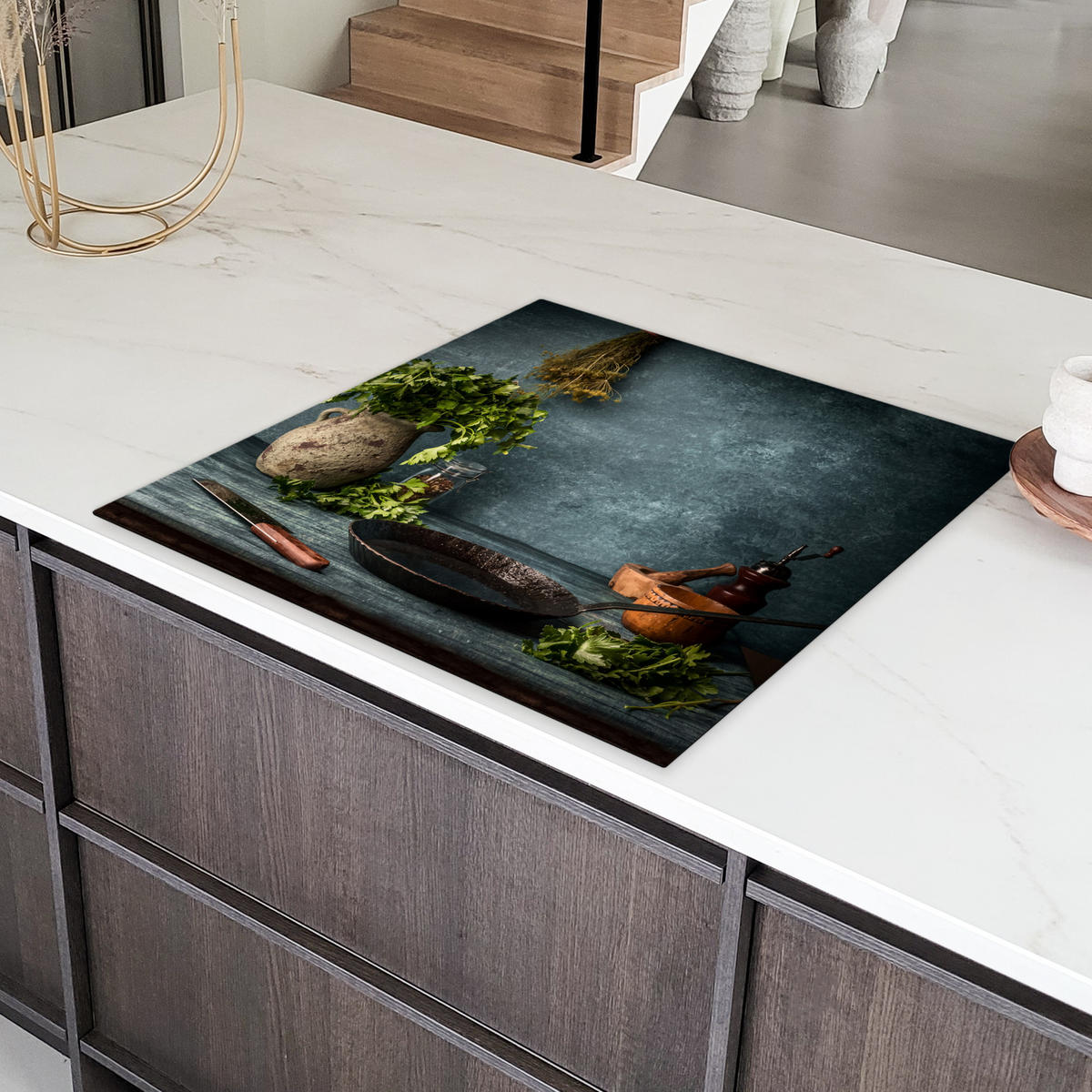 HERDABDECKPLATTE Kräuter - Gewürze - Pfanne - Messer - Grau - Rustikal Induktionsmatte 78x78 cm - Petrol, Kunststoff (78/78/0.2cm) - MuchoWow