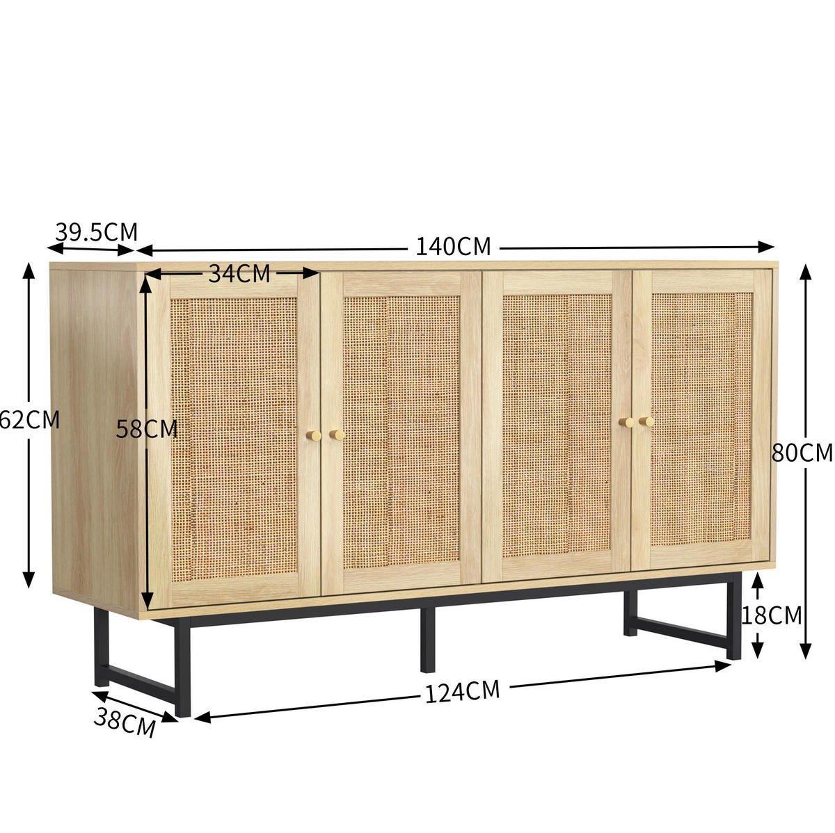 KOMODA 140/39,5/80 cm dřevodekor z dřevotřísky s ratanovým výpletem a 4 dvířky - přírodní, kompozitní dřevo (140/80/39.5cm) - OKWISH