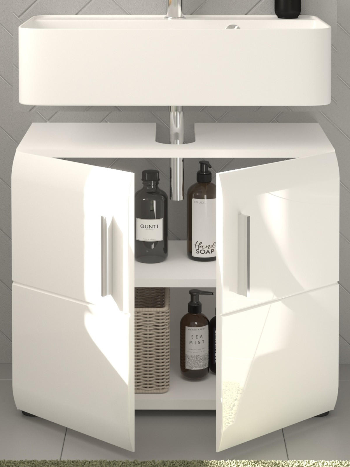 WASCHBECKENUNTERSCHRANK weiß Hochglanz, Badezimmer Unterschrank 60 cm - Chromfarben/Weiß Hochglanz, Holzwerkstoff/Kunststoff (60/54/32cm) - Inn.Furn