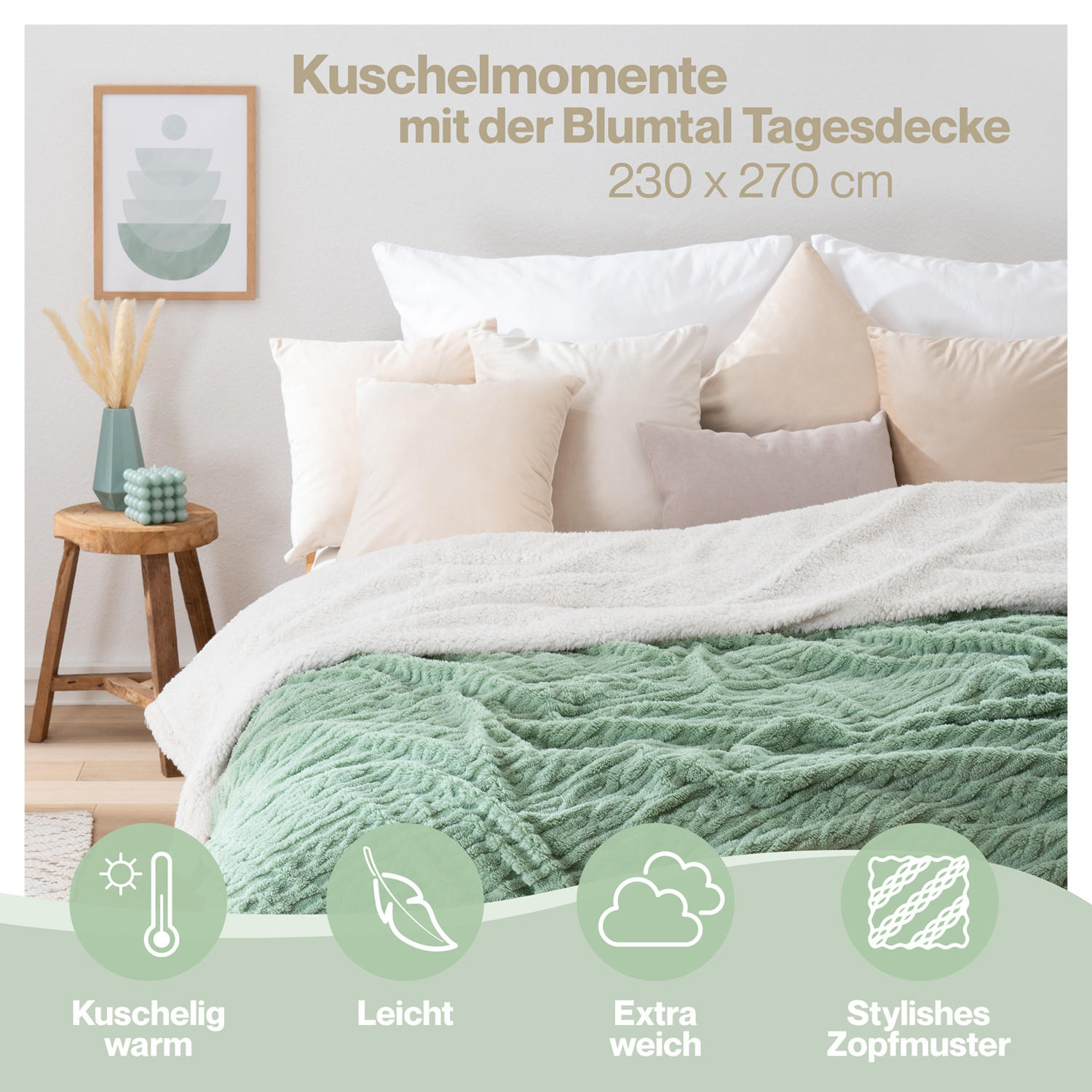 Thumbnail - Blumtal Kuscheldecke, Grün, Sonoma Eiche, Textil, Rechteckig, 230x270 cm, Oeko-Tex® Standard 100, Wohntextilien, Decken,...