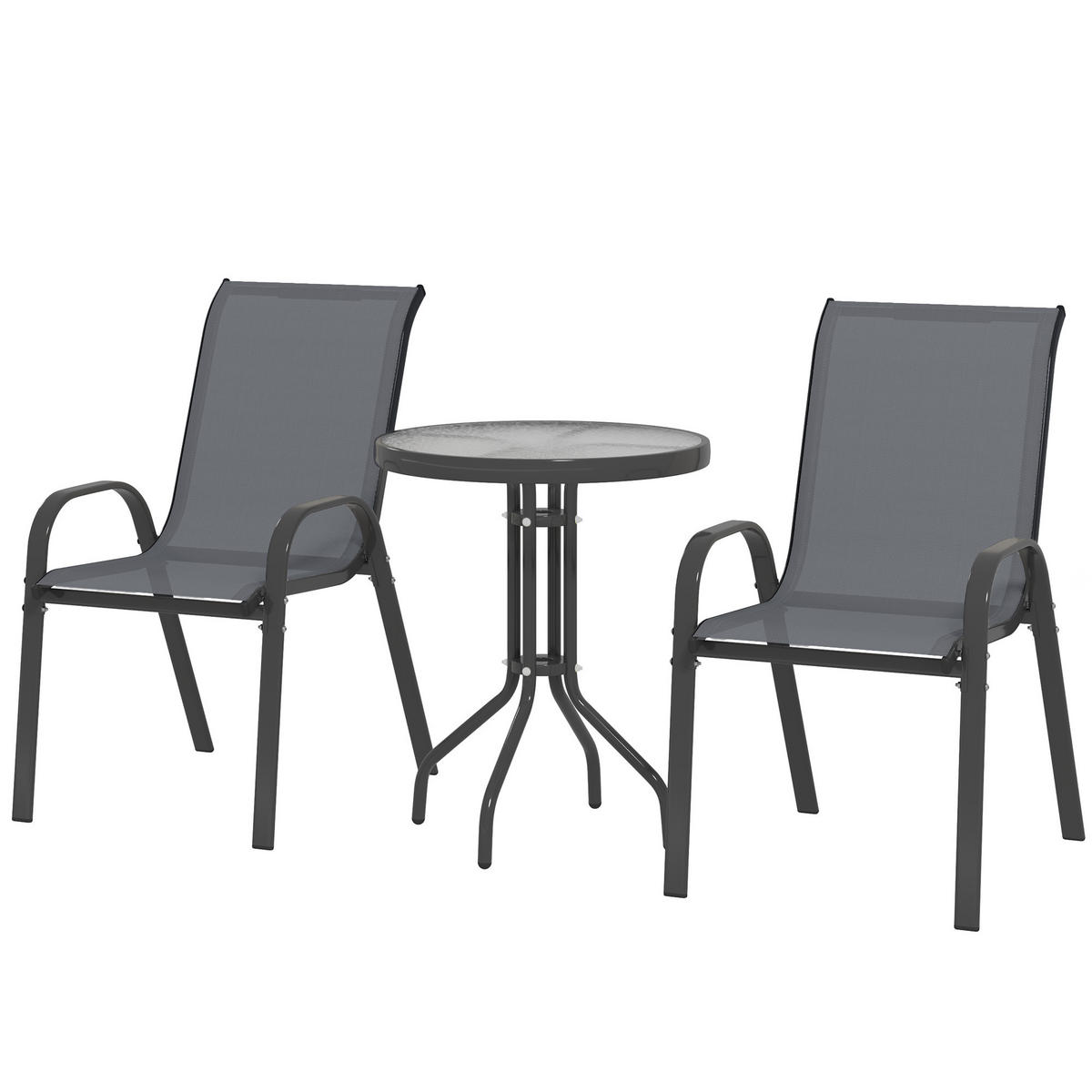 BISTRO-SET DE-07314 3-teilig mit Glastisch und stapelbaren Stühlen Dunkelgrau - Dunkelgrau, Glas/Metall - ComfortXL
