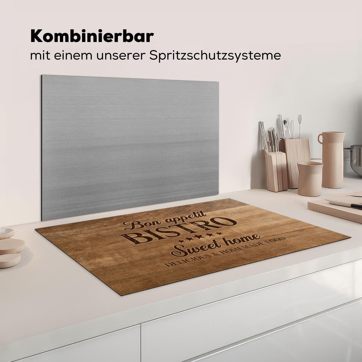 HERDABDECKPLATTE Zitat - Bistro - Guten Appetit - Süßes Zuhause - Holzmaserung Ceranfeldabdeckung 85x52 cm - Braun, Kunststoff (85/52/0.2cm) - MuchoWow