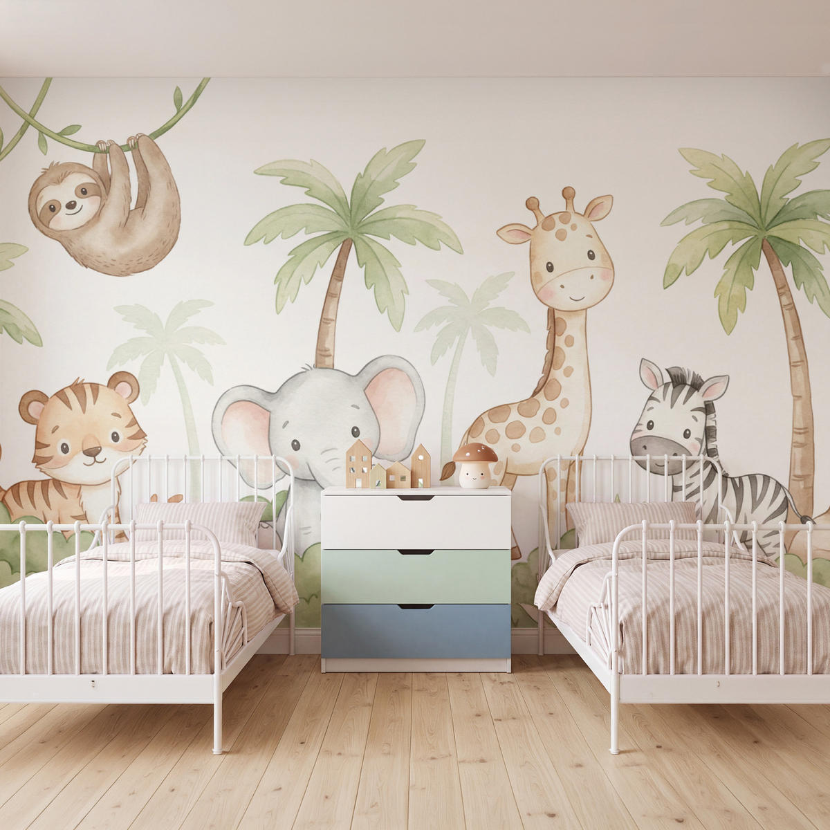 KINDERTAPETE - Tiere - Dschungel - Pastell - 400x280 cm - Weiß, Papier (400/280cm) - OnlyWow