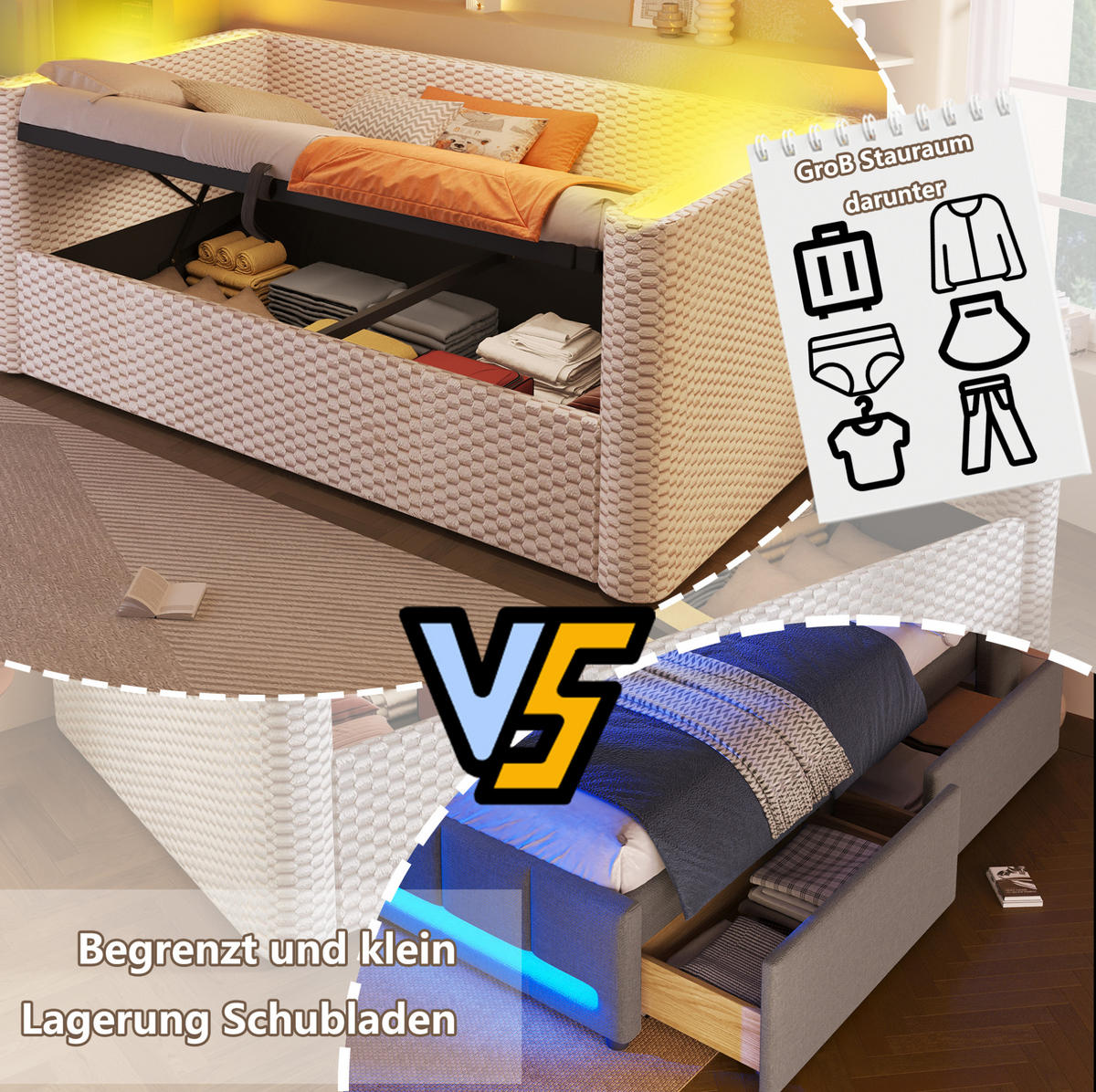 BETT 90/200 cm Beige aus Samt und MDF mit LED-Beleuchtung und Stauraum - Beige, Textil (90/200cm) - OKMYHOME