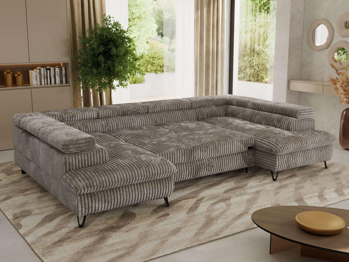 WOHNLANDSCHAFT PABLO U Cord Hellbraun - Schwarz/Grau, Textil/Metall (346/76/208cm) - MKS