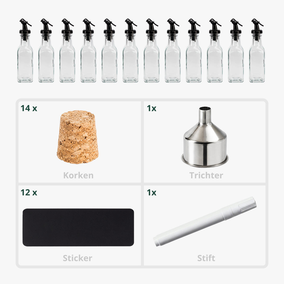 12 ks lahví oleje - průhledná, plast/přírodní materiály (5/20/5cm) - Relaxdays