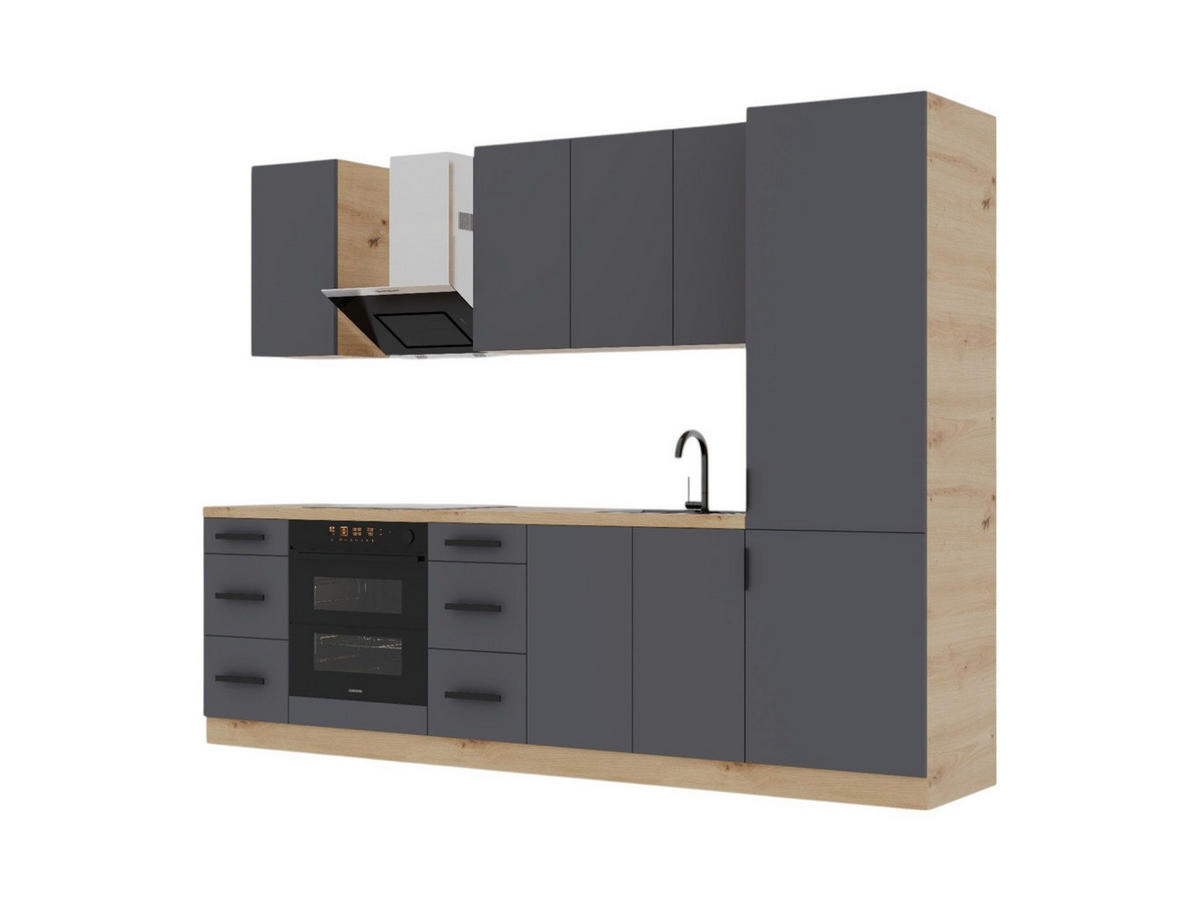 KÜCHENZEILE 280 cm – Nexa K98-G280 – in Grau / Matt - Schwarz/Grau, Holz/Metall (280/212/58cm) - ROYAL24_MARKT
