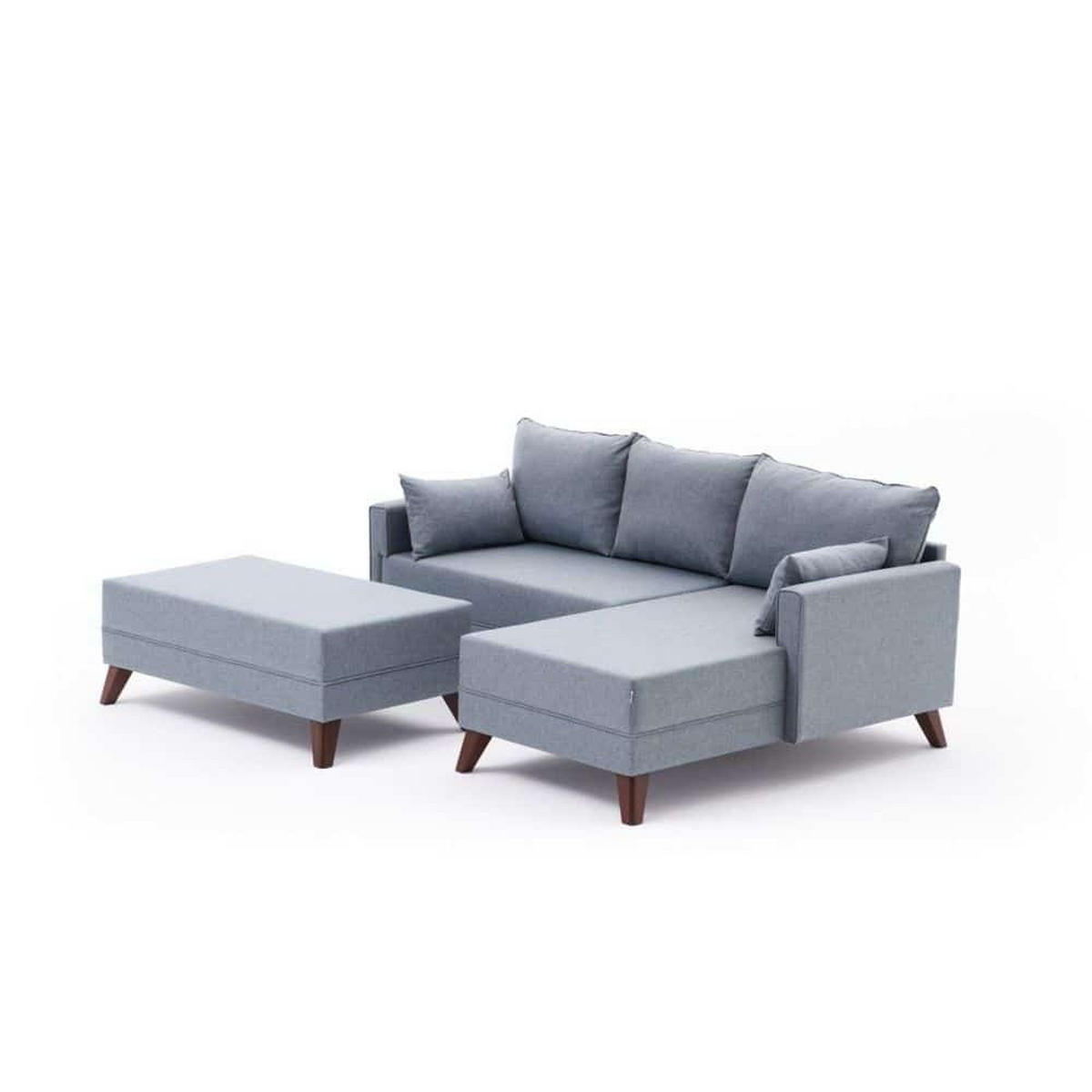 ECKSOFA mit Hocker als Schlaffläche, perfekt für kleine Räume - Blau/Walnussfarben, Holz/Kunststoff (140/205cm) - myHomelando