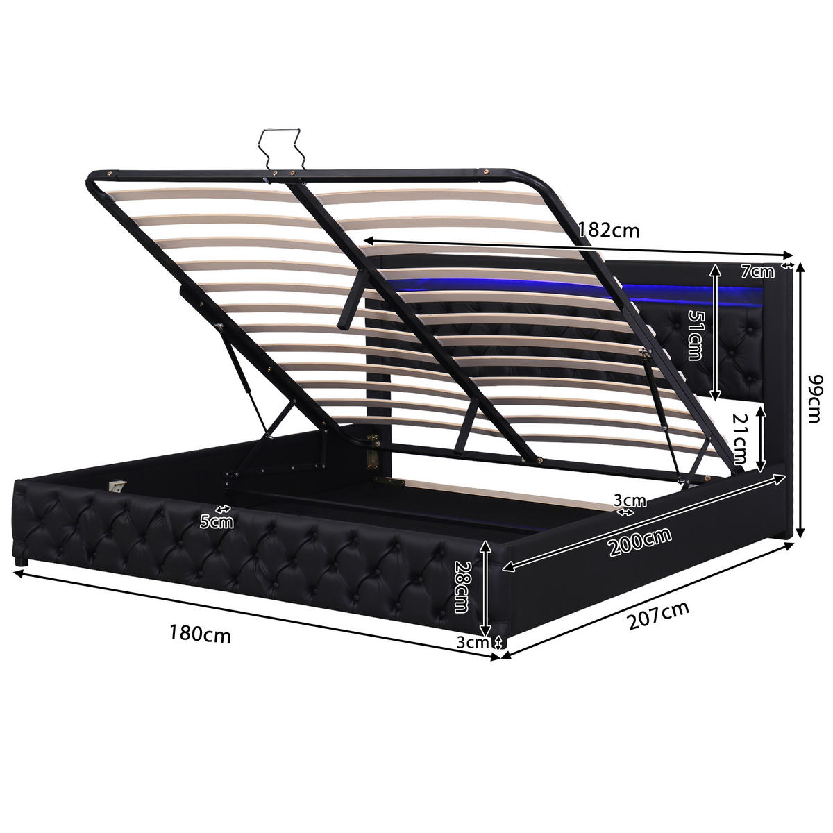 POLSTERBETT 180/200 cm Schwarz mit Stauraum und LED-Beleuchtung - Schwarz, Kunststoff (180/200cm) - OKWISH