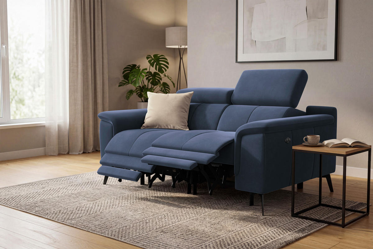 SOFA RELAX FIERO 2-Sitzer, Marineblauer Veloursstoff - Blau/Schwarz, Holz/Textil (170/82/103cm) - Courtois Laville