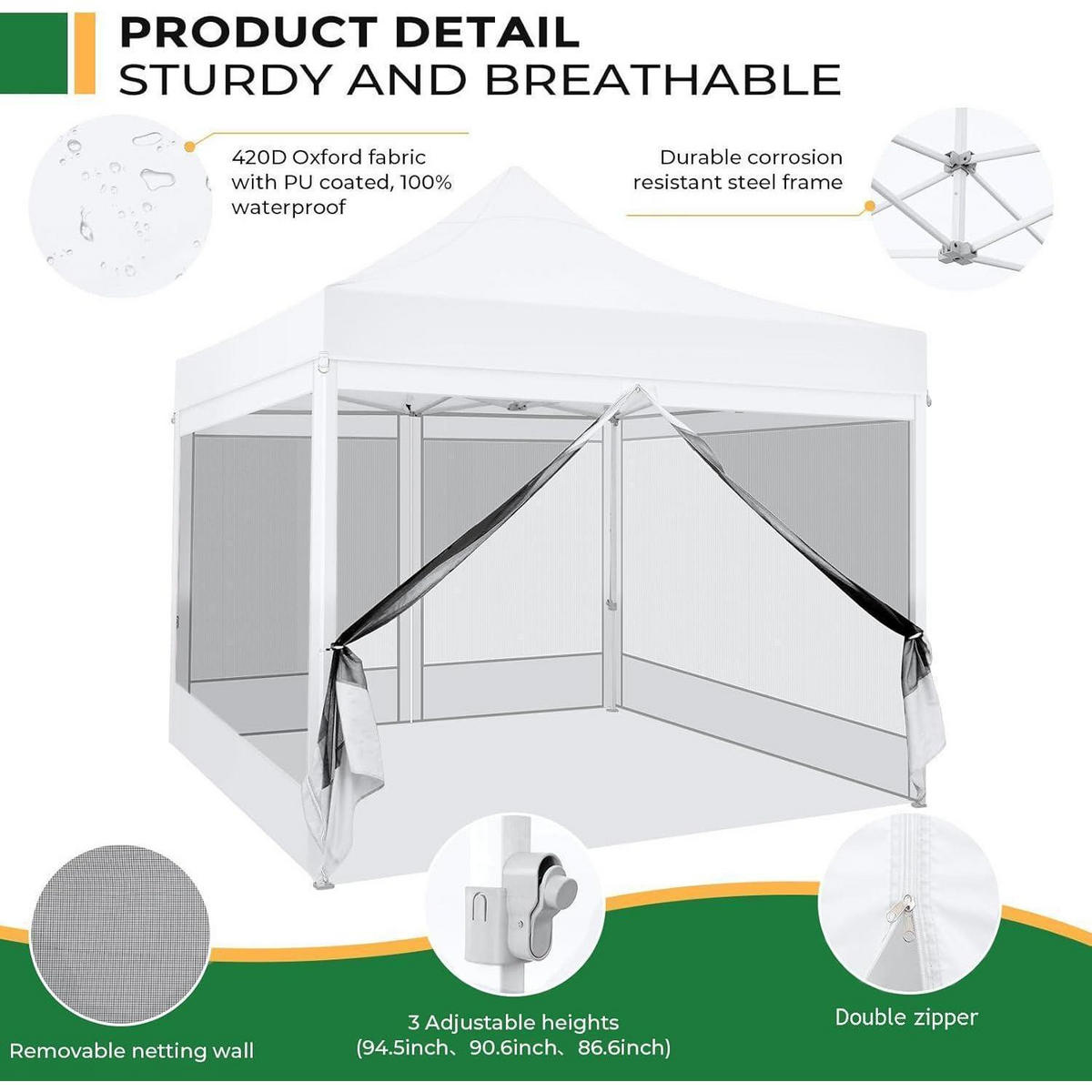 FALTPAVILLON 3x3m Wasserdicht mit 4 Seitenwänden und Moskitonetz - Weiß, Textil (300/335/300cm)