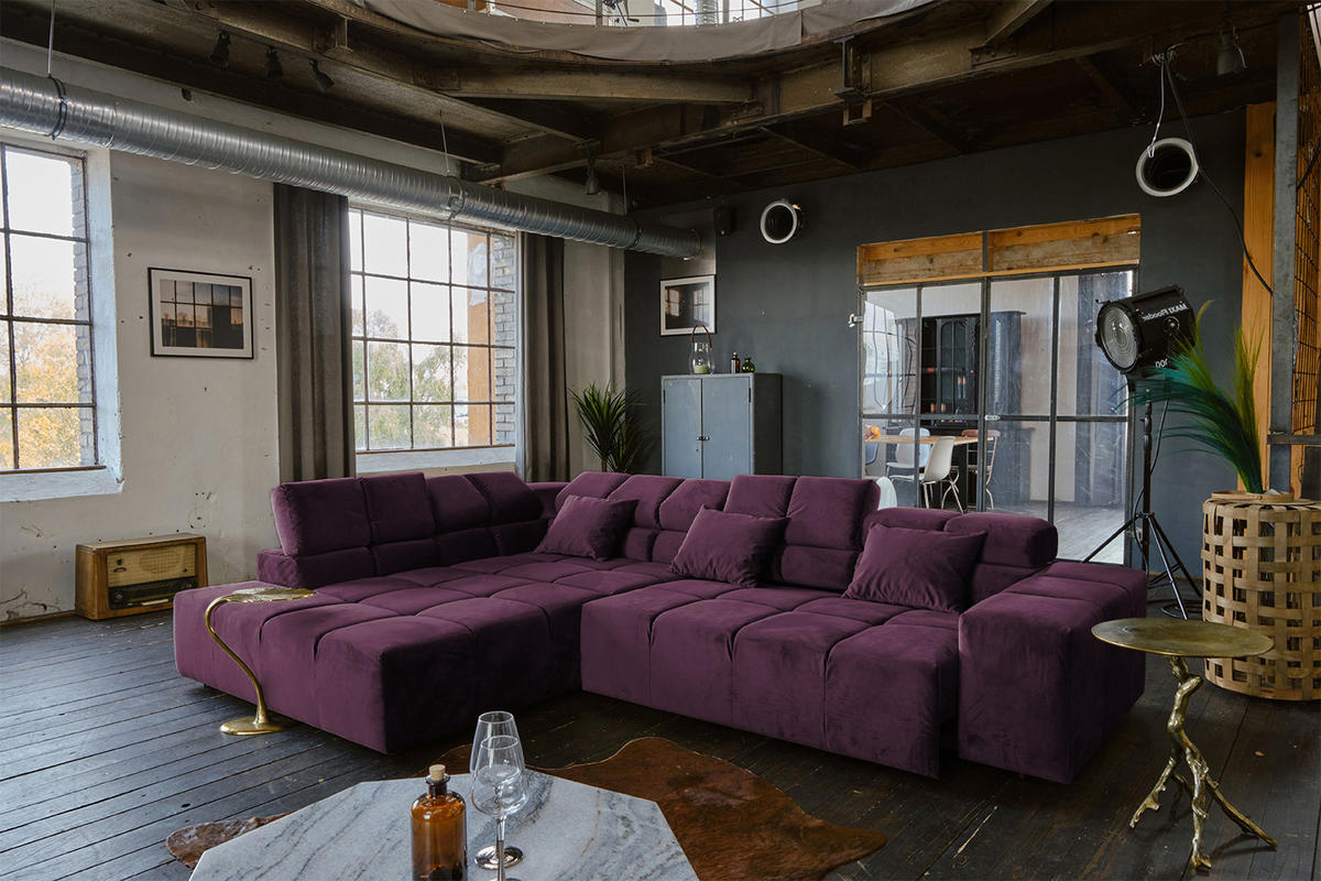 ECKSOFA MIT MOTORISCHEM SITZVORZUG NEVADA Violett Velvet - Violett/Schwarz, Textil (319/215cm) - KAWOLA