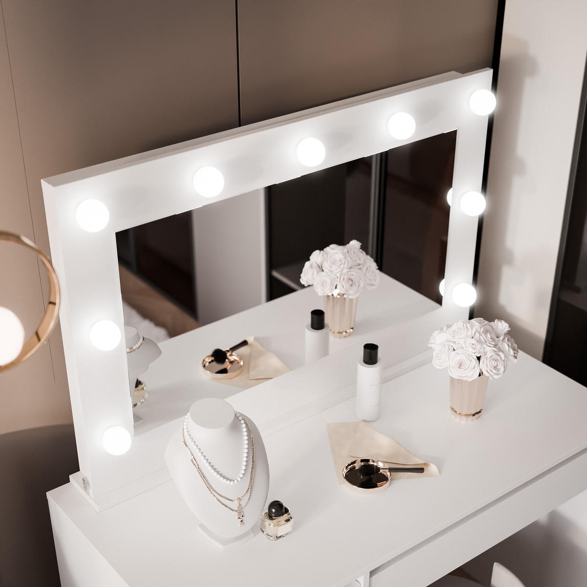 SCHMINKTISCH BELLA II mit LED-Beleuchtung und Spiegel, 110 cm Weiß matt - Weiß, Holzwerkstoff (110/77/55cm) - Idohome