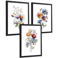 PLAKAT Sada 3 botanických uměleckých tisků. Květinové nástěnné umění. Moderní minimalistický květinový nástěnný PLAKAT. Velikost Černý rám A4 - černá, papír (21/29.7/3cm) - Nacnic