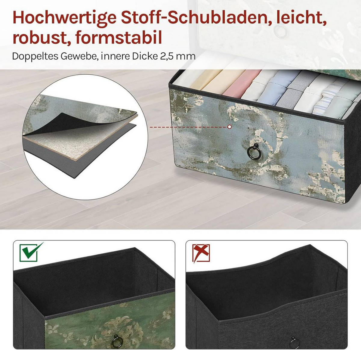 KOMMODE schmal,mit 4 Schubladen, aus Stoff, Vintage-Blumenmotiv - Multicolor/Schwarz, Holzwerkstoff/Metall (45/95/30cm) - Woltu