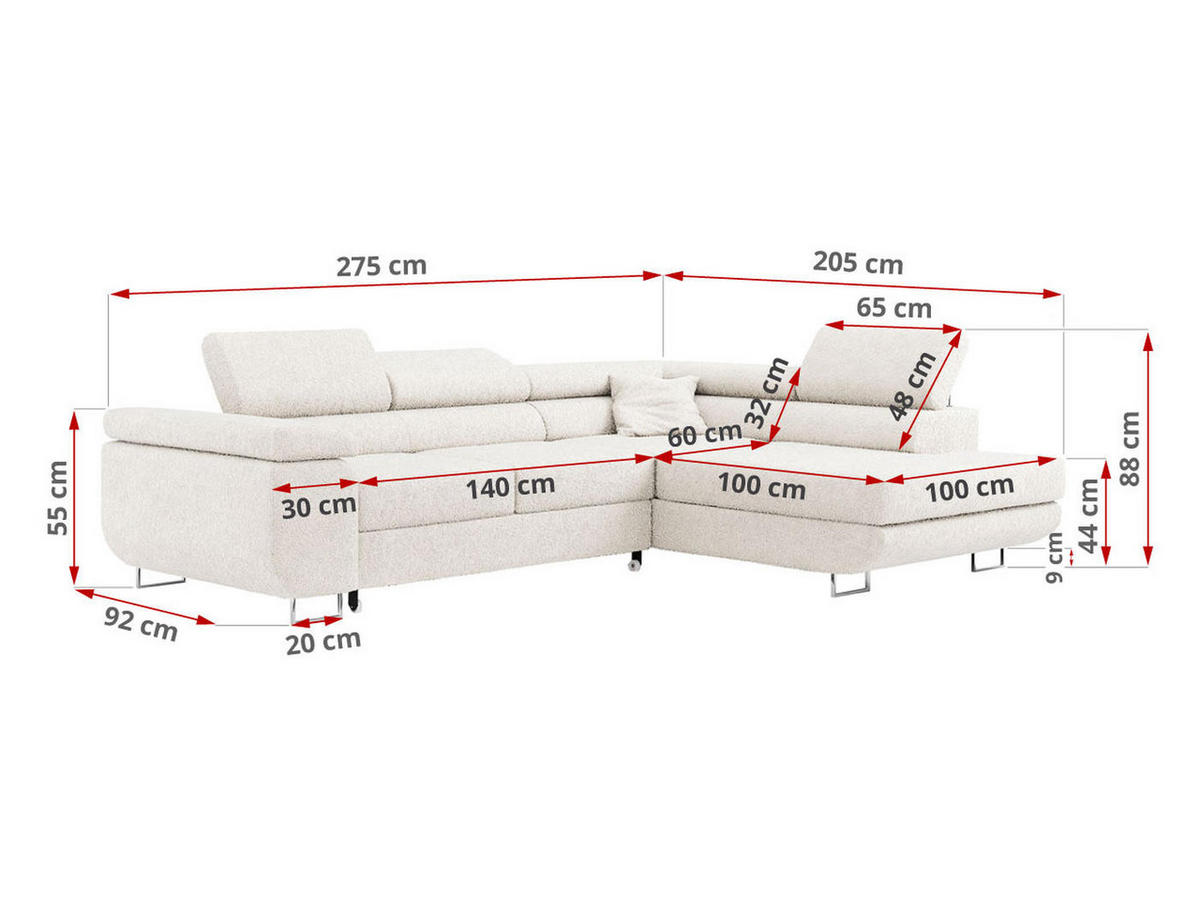 ROHOVÁ SEDAČKA GUSTAW L - Bílá Bouclé - Pravá Strana - bílá/stříbrná, kov/textil (205/275cm) - MKS