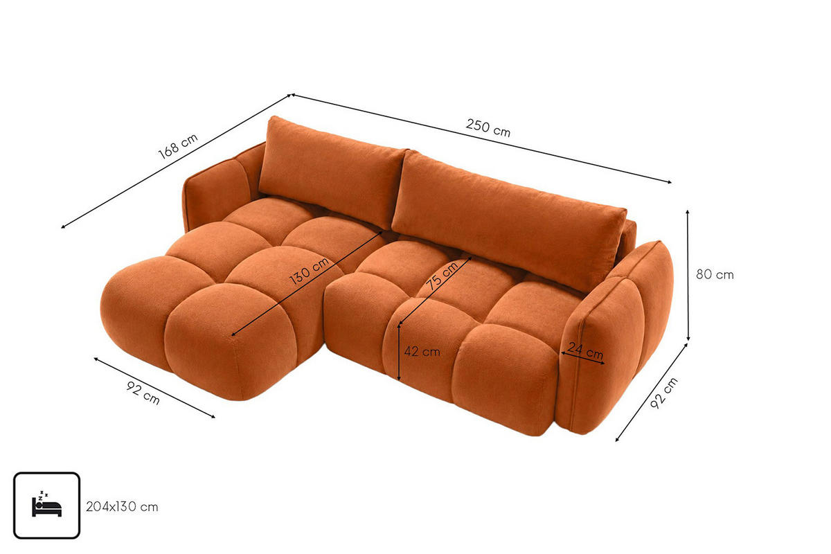 ECKSOFA L-Form Mit Schlaffunktion, Veloursstoff Bluvel, Zimtfarbe, Links, BELVEDER L - Orange, Holz (250/168cm) - Kaiser Möbel
