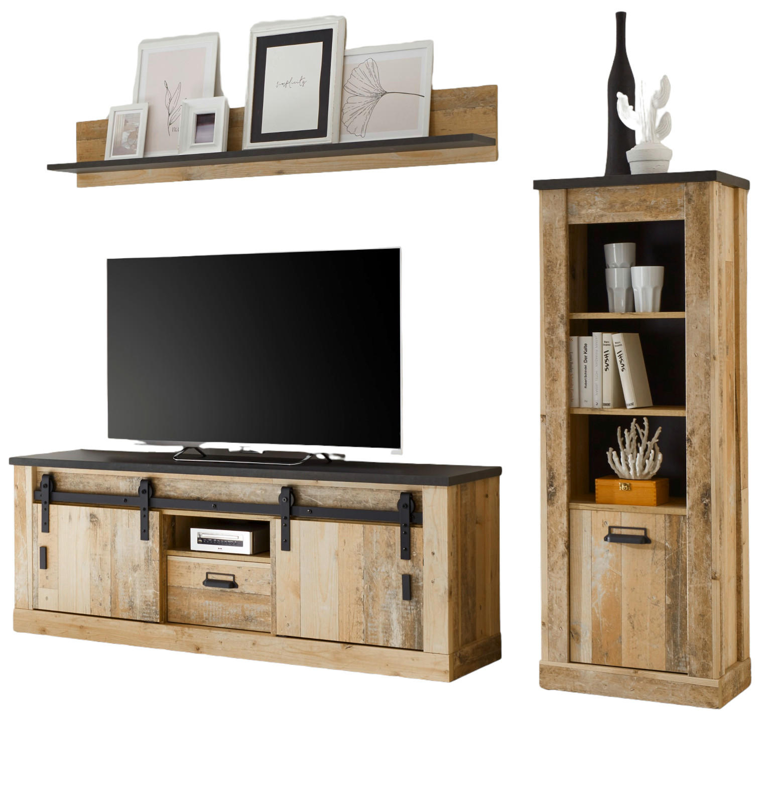 WOHNWAND Used Wood hell, anthrazit 3-teilig 233 cm, Schrankwand mit Soft-Close - Anthrazit/Schwarz, Holzwerkstoff/Metall (233/170/43cm) - Furn.Design