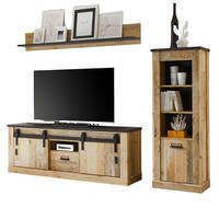 WOHNWAND Used Wood hell, anthrazit 3-teilig 233 cm, Schrankwand mit Soft-Close - Anthrazit/Schwarz, Holzwerkstoff/Metall (233/170/43cm) - Furn.Design