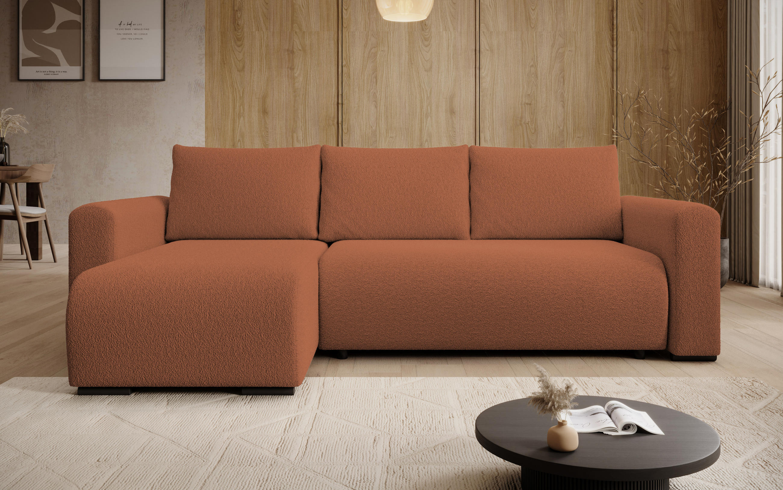 ECKSOFA DORA L, Eckcouch in L-Form mit Schlaffunktion und Bettkasten, Farbe: Orange, Bouclé-Stoff, Ottomane Links - Orange, Textil (240/143cm) - Storez24