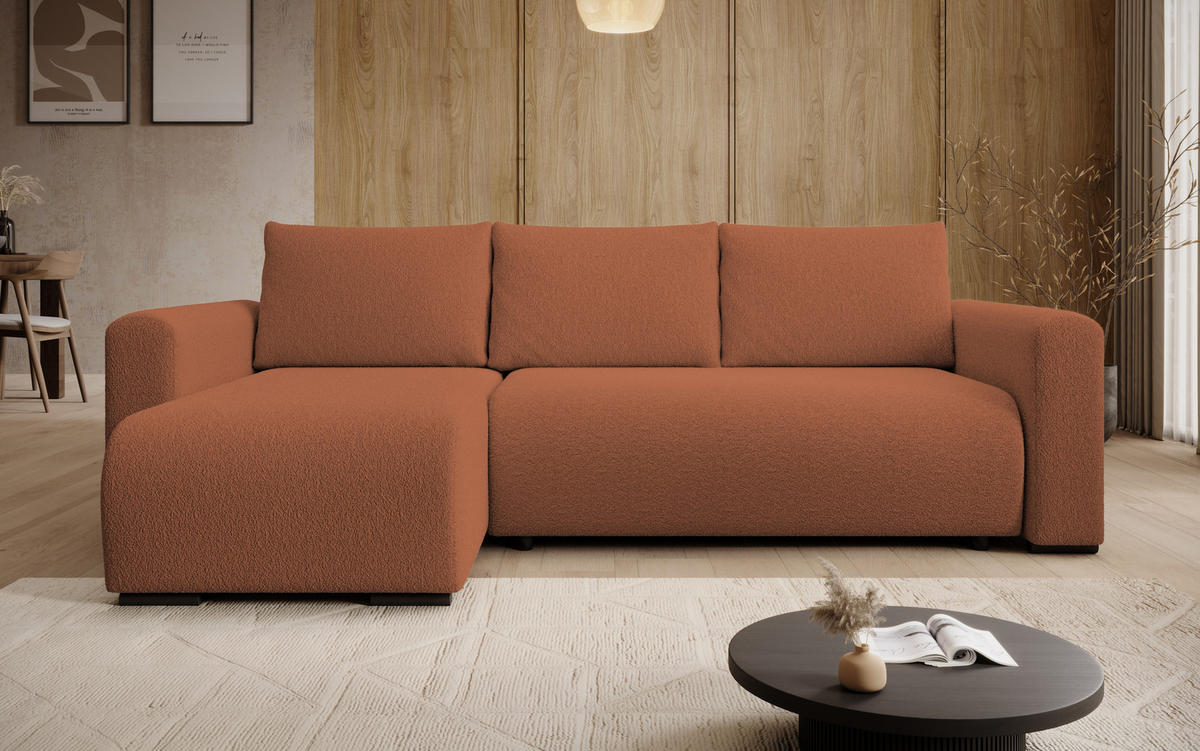 ECKSOFA DORA L, Eckcouch in L-Form mit Schlaffunktion und Bettkasten, Farbe: Orange, Bouclé-Stoff, Ottomane Links - Orange, Textil (240/143cm) - Storez24