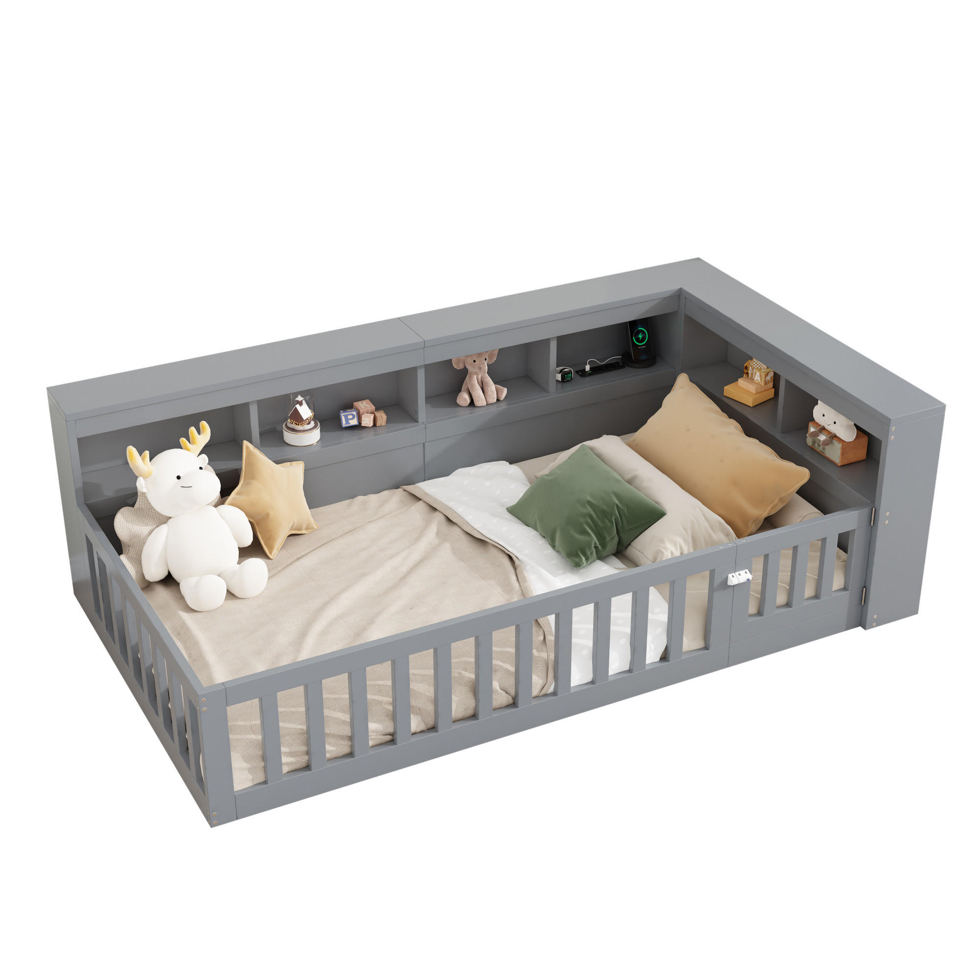 KINDEREINZELBETTEN aus Spanplatte & MDF 90x200 cm in Grau mit USB, Steckdose & Stauraum - Grau, Holzwerkstoff (90/200cm) - Modfu