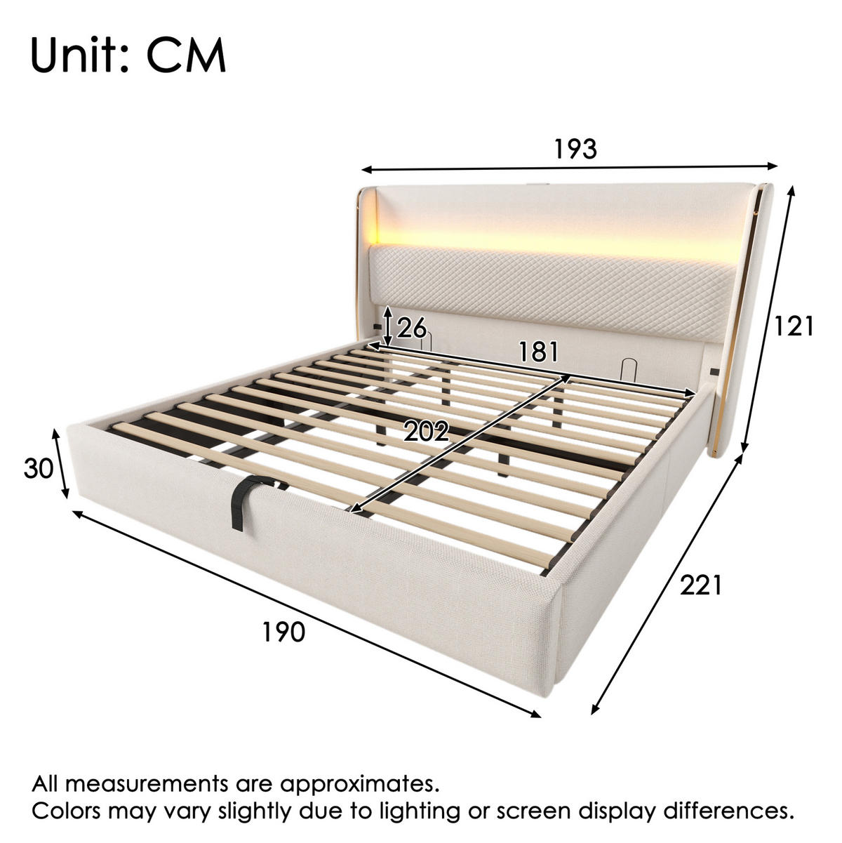 ČALOUNĚNÁ postel 180/200 cm béžová z lnu s LED osvětlením, USB a Type-C, úložným prostorem - béžová, textil (180/200cm) - OKWISH