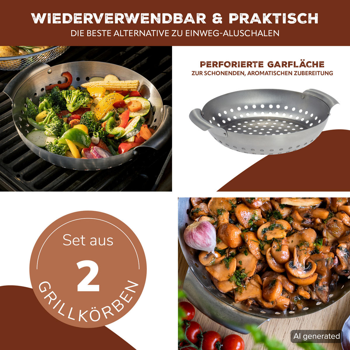 GRILLKORB 2er-Set, silber, Edelstahl - Edelstahlfarben, Metall (22.5/27/6cm) - bremermann