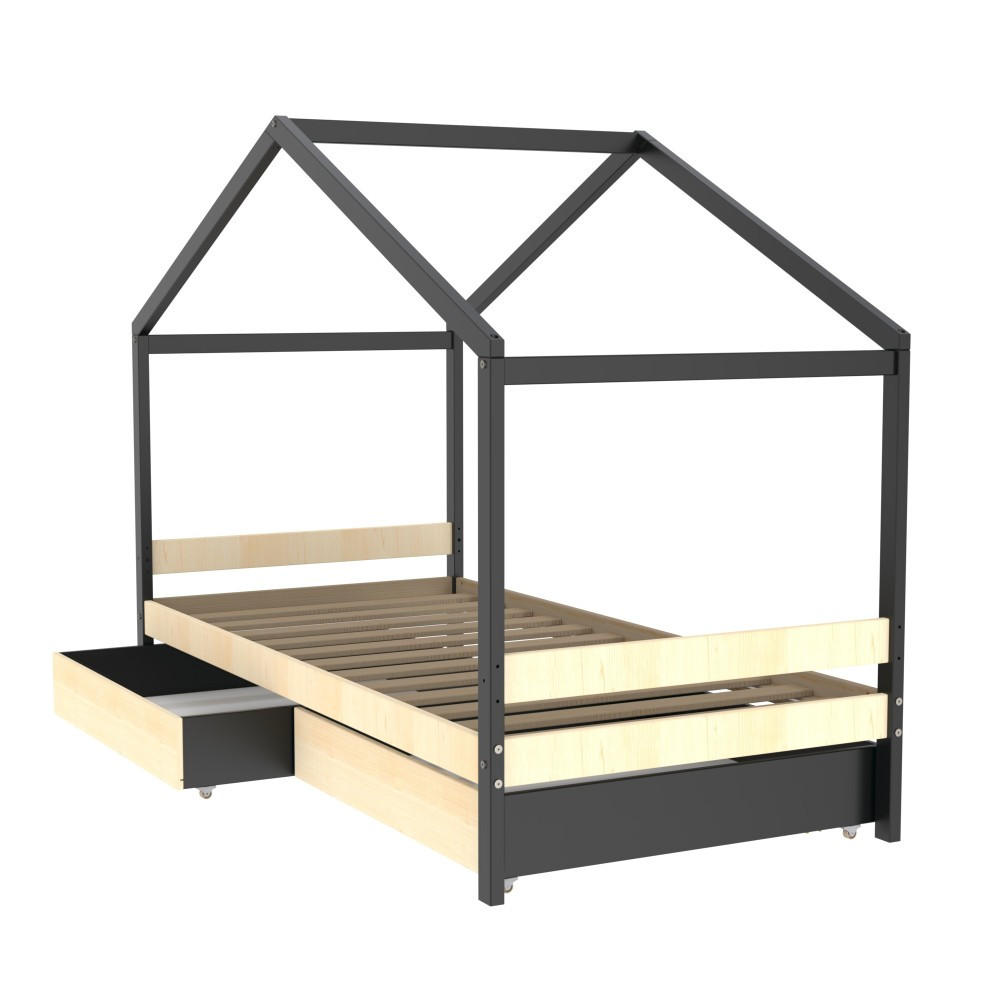 HAUSBETT ETOILE/ SPIELBETT 90x190 + 2 Schubladen - Schwarz und Naturholz - Multicolor, Holz/Holzwerkstoff (90/190cm) - Weber Industries