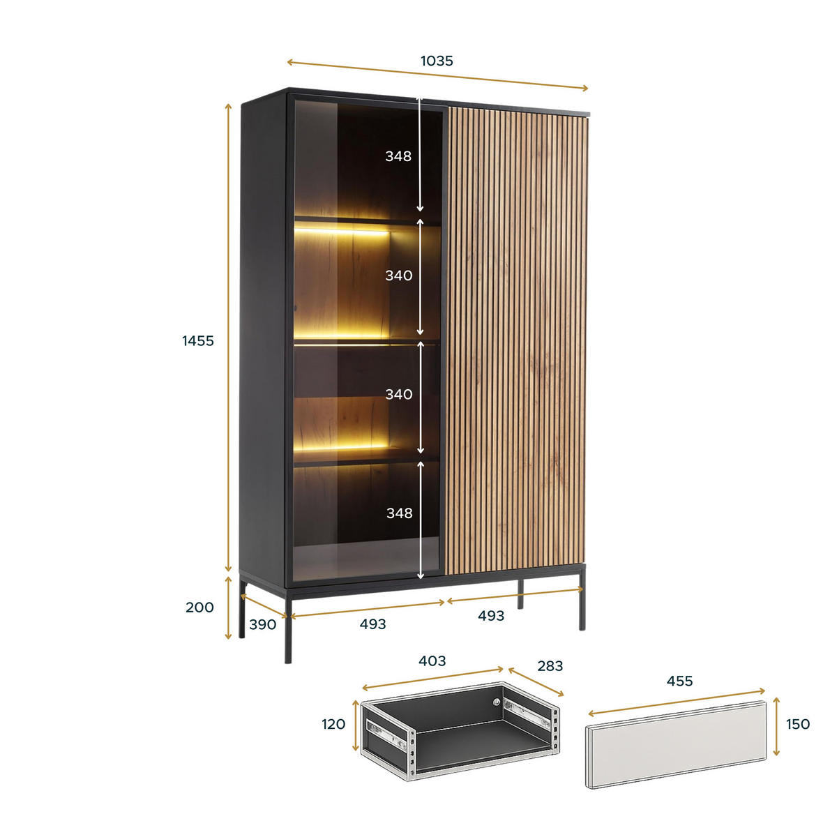 VITRINE Laval WTSZ104, Schwarz, Wotan-Eiche, Lamelle, mit LED-Beleuchtung - Eichefarben/Eiche Wotan, Glas/Holzwerkstoff (104/166/39cm) - Komodee