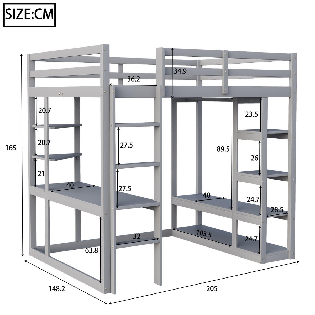 HOCHBETT 140/200 cm aus Holzwerkstoff mit Schreibtisch, Regalen und Kleiderstange, Grau - Grau, Holzwerkstoff (140/200cm) - Redom