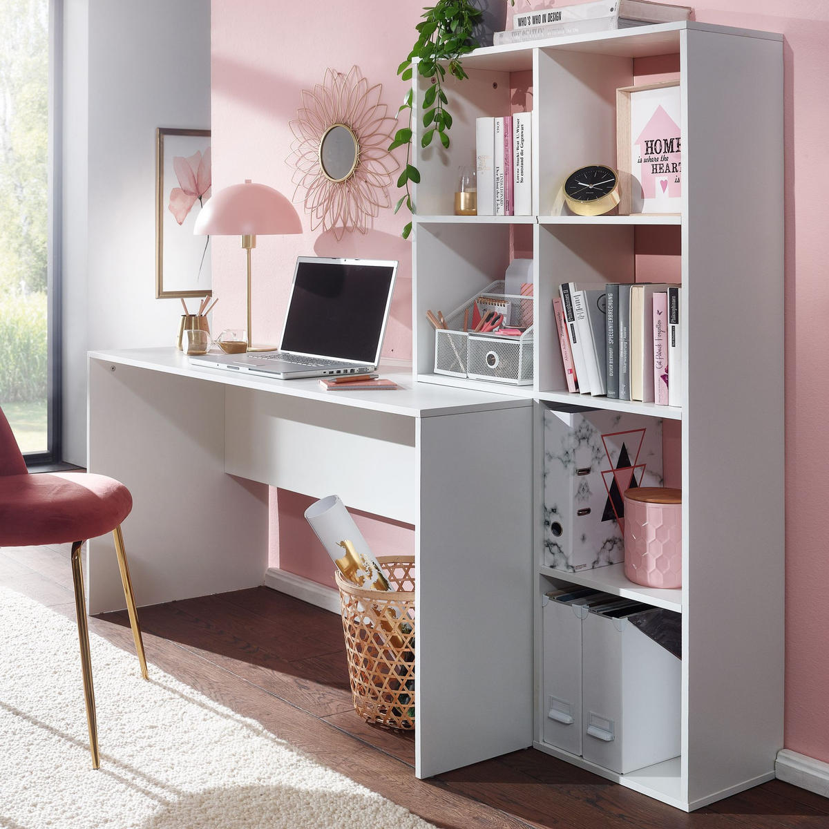 BÜROTISCH mit Regal eckig FRIDA Weiß - Weiß, Holzwerkstoff (59/170/143.5cm) - tinkaro