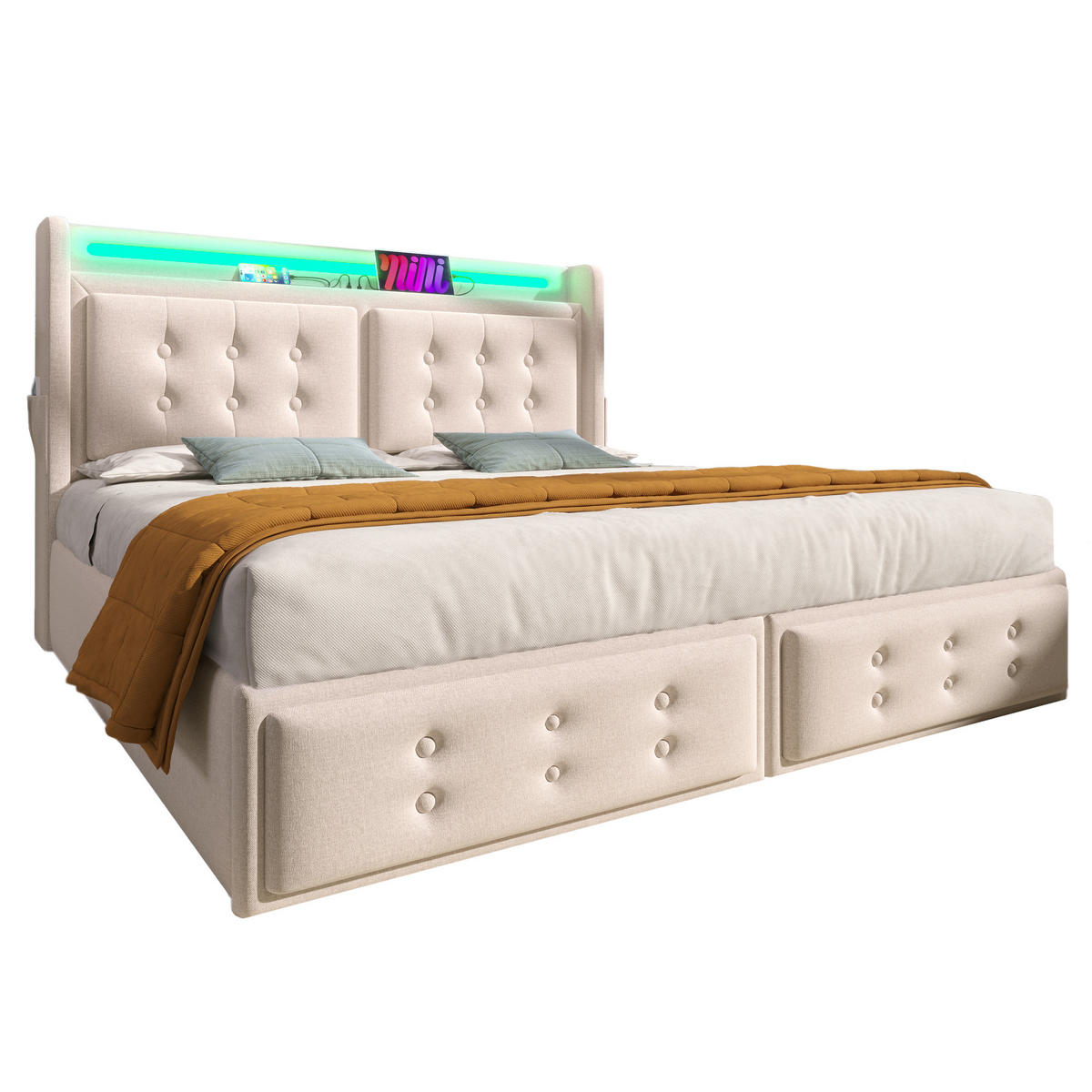 POLSTERBETT 140x200cm Doppelbett LED-Kopfteil USB-C 4 Schubladen Beige - Beige, Holz - FLIEKS