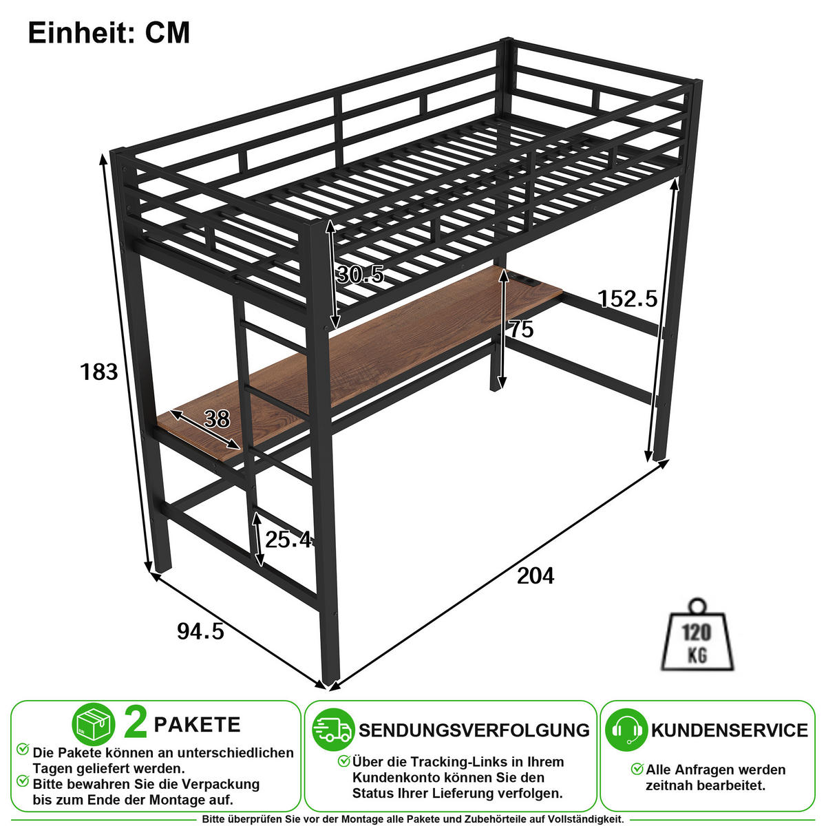 VYVÝŠENÁ POSTEL 90/200 cm v černé barvě s psacím stolem, LED a USB - černá, kov/kompozitní dřevo (90/200cm) - CHICFURN