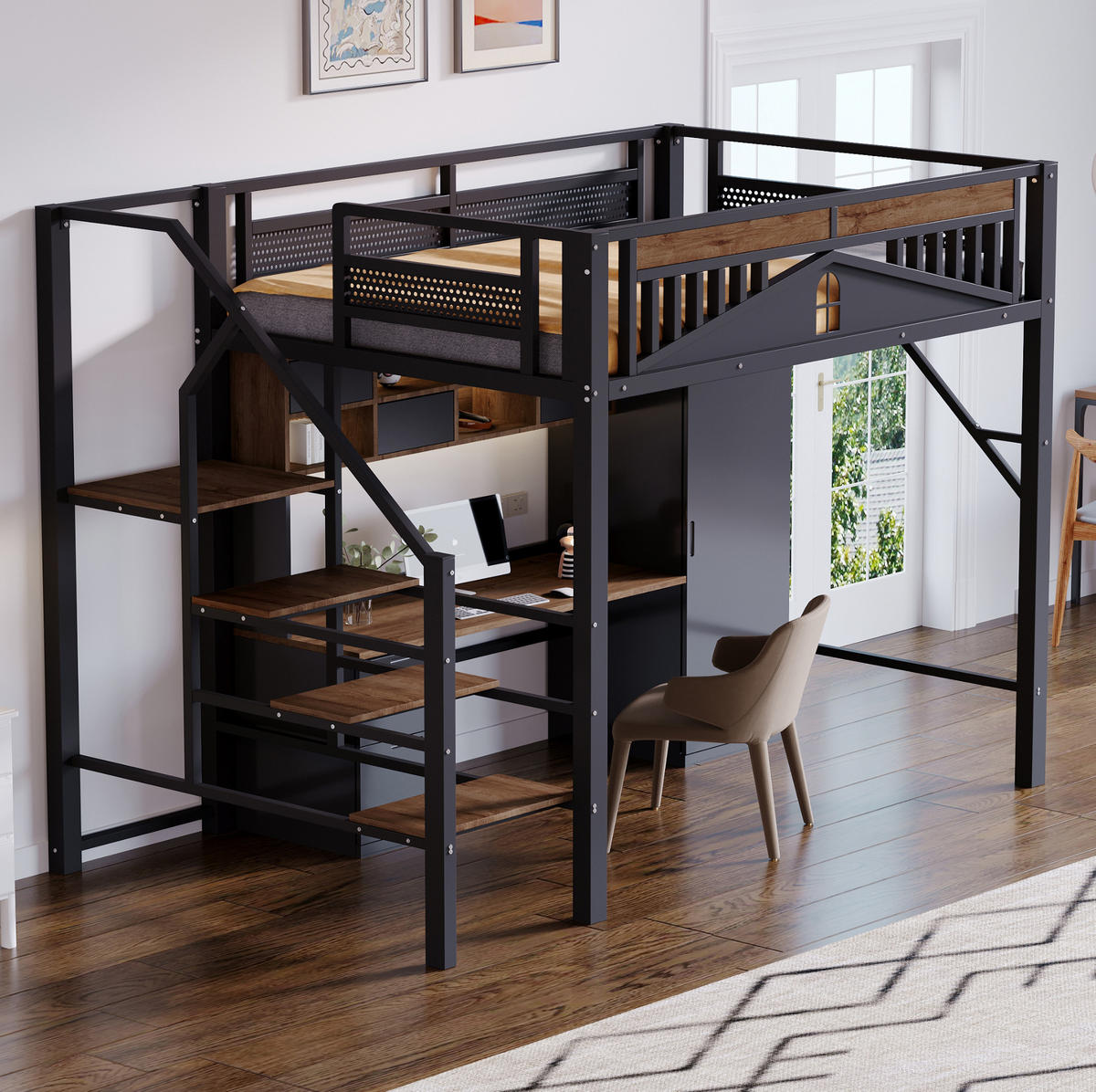 HOCHBETT 140/200 cm mit Sicherheitsleiter, Fensterdesign und Stauraum, Schwarz - Schwarz, Metall (140/200cm) - Redom