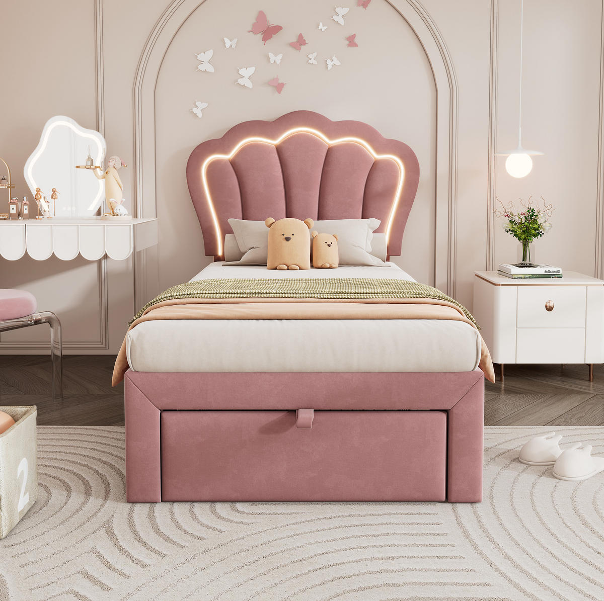 KINDEREINZELBETTEN aus Samt 90x190 cm in Rosa mit LED-Beleuchtung & Schublade - Rosa, Textil (90/190cm) - Modfu