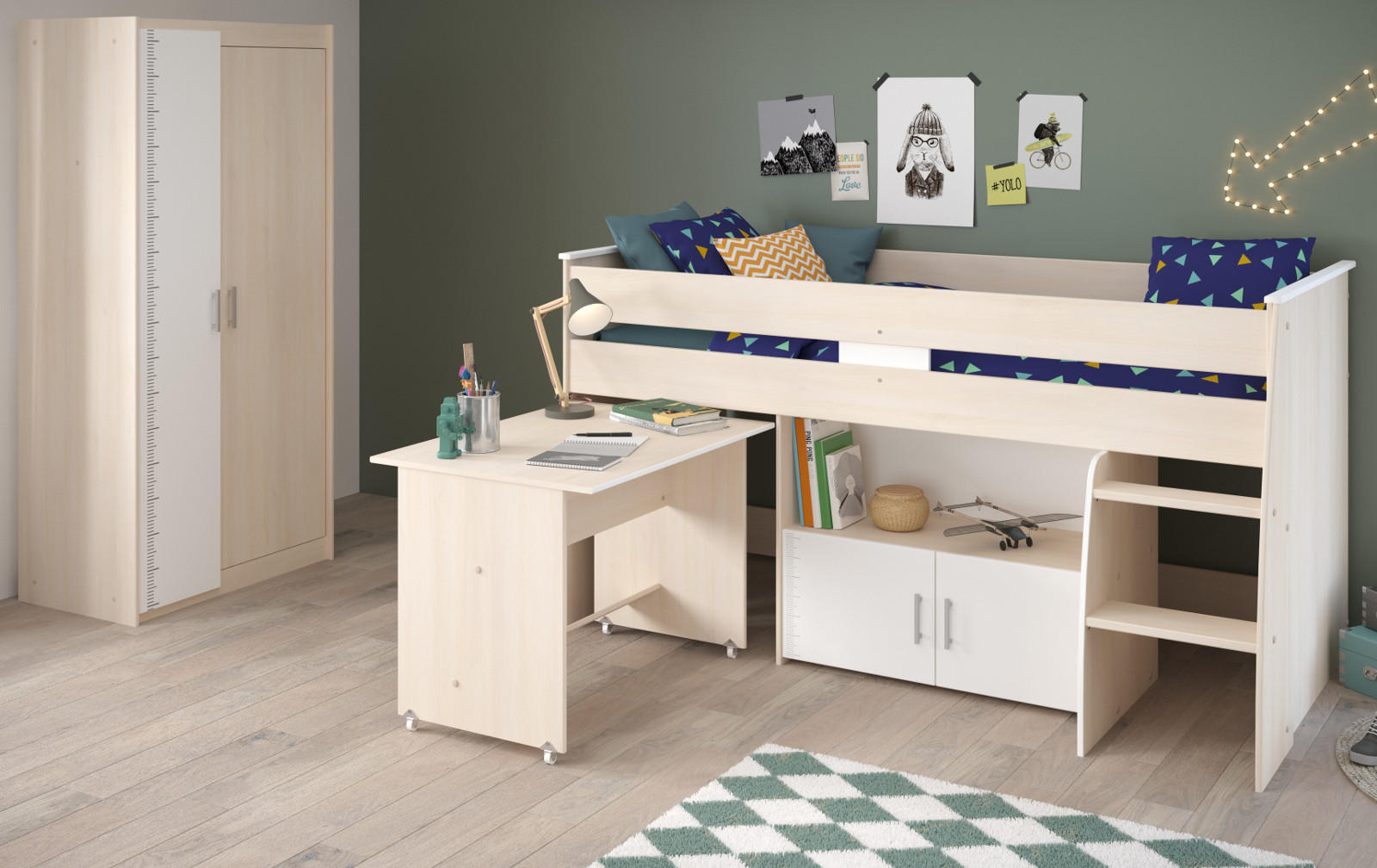 KINDERZIMMER Set mit Hochbett 90 x 200, Schreibtisch und Kleiderschrank - Silberfarben/Weiß, Holz/Holzwerkstoff (206/180/114cm) - Parisot Meuble