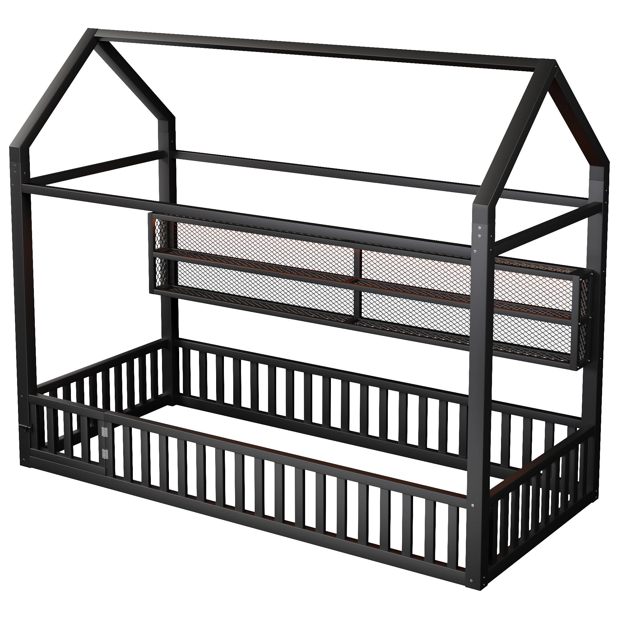 HAUSBETT 90/200 cm DE-03422, mit Zaun und LED-Beleuchtung, in Schwarz - Schwarz, Metall (90/200cm) - ComfortXL