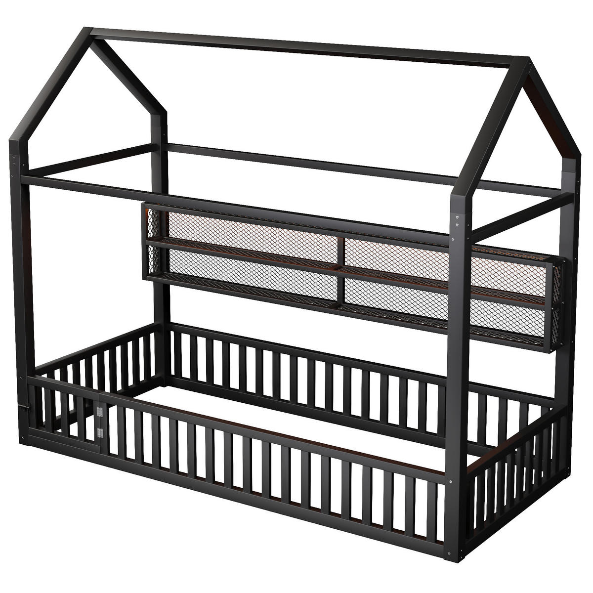 HAUSBETT 90/200 cm schwarz aus Metall mit Sicherheitszaun und LED - Schwarz, Metall (90/200cm) - OKWISH