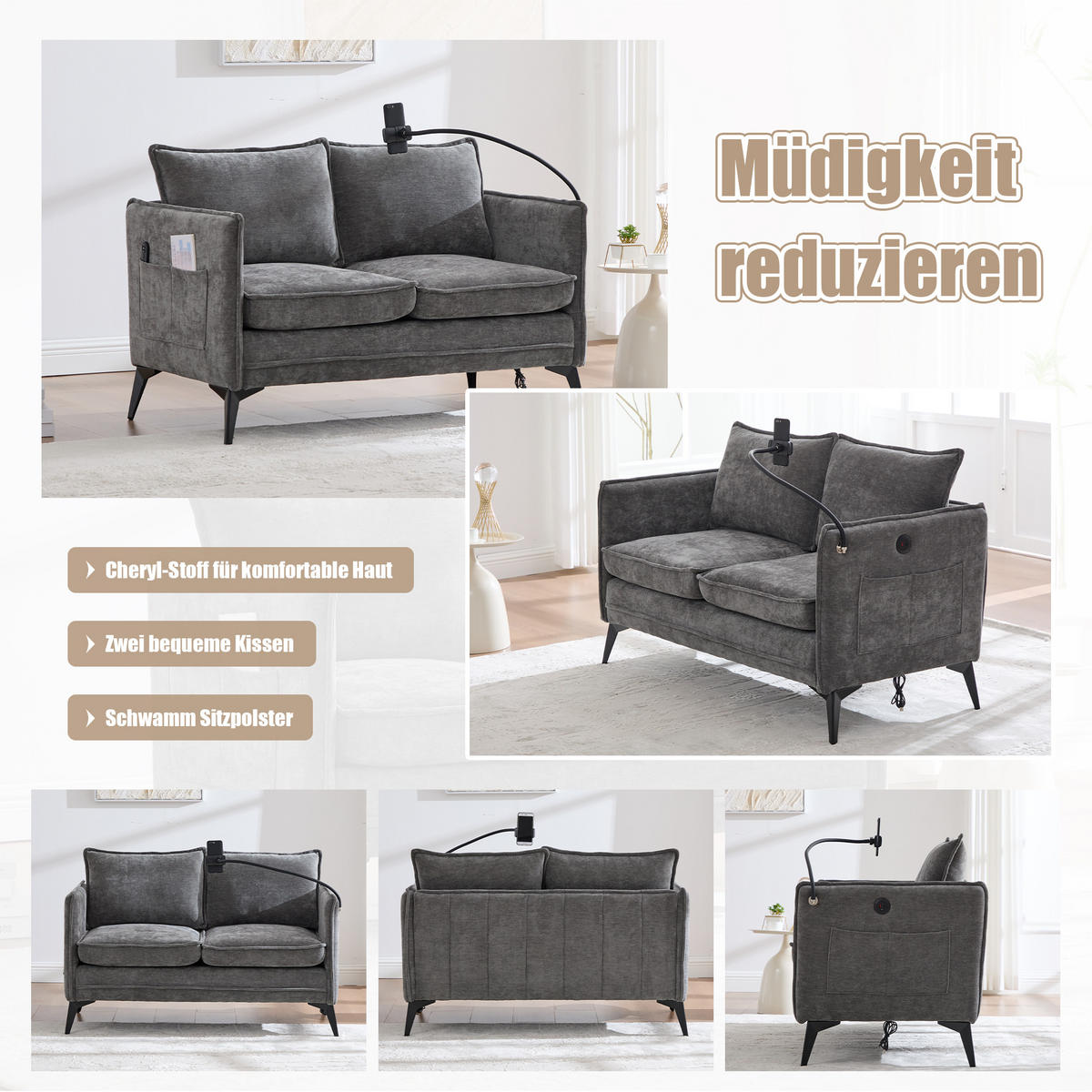 2-SITZER Sofa Chenille mit Handyhalter und Ablagefächern 127/69/66 cm Grau - Grau, Textil (66/127/69cm) - Redom