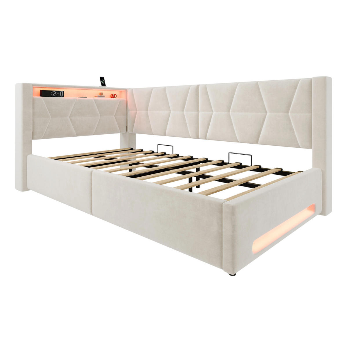 ČALOUNĚNÁ postel 90/200 cm s LED osvětlením, USB, Type-C a hydraulickým úložným prostorem, Béžová - béžová, kov (90/200cm) - Redom