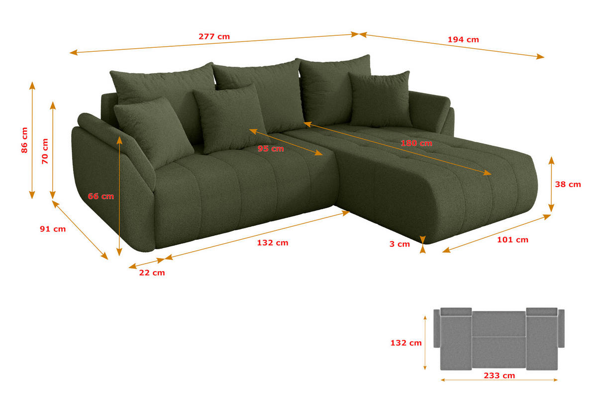 ROHOVÁ SEDAČKA s funkcí spaní, otoman vpravo TOKO-L 277x194x86 zelená bouclé - černá/zelená barva, kompozitní dřevo/textil (277/194cm) - ALTDECOR